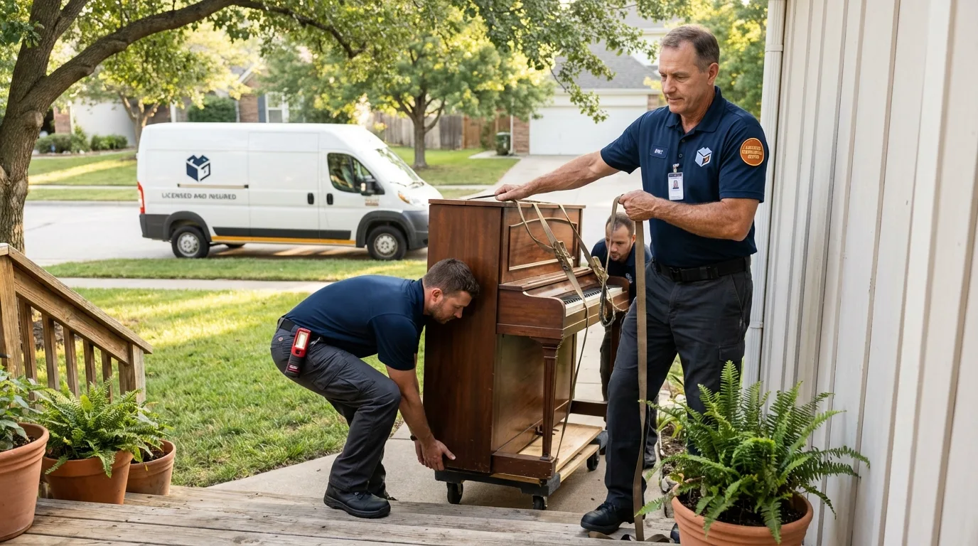 Licensed piano movers securing grand piano in Kahului, HI