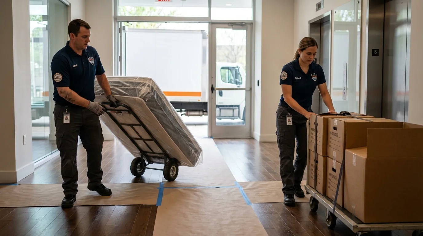 Professional apartment movers loading elevator in Kahului, HI